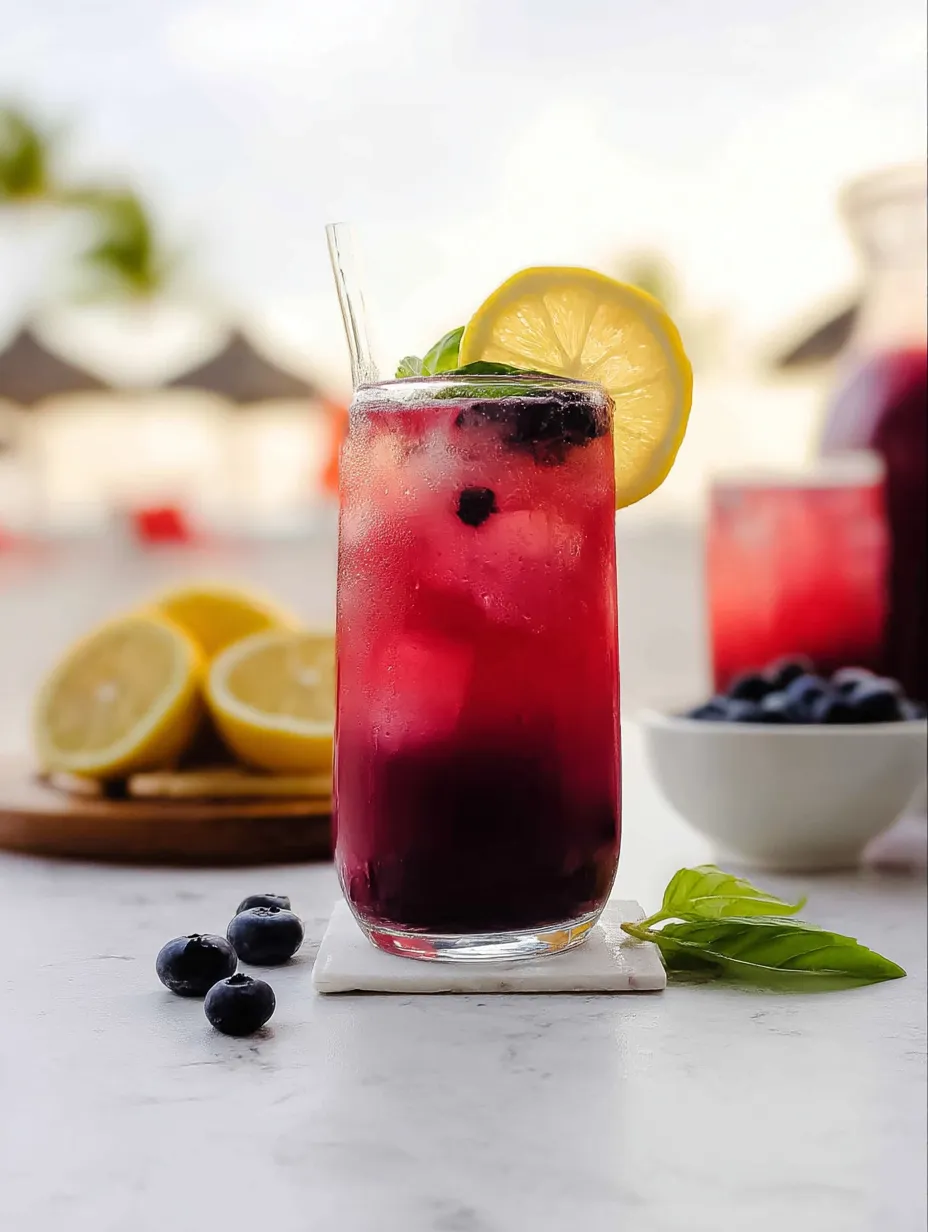 Ein Glas mit Blaubeer-Limonade und einer Zitronenscheibe am Rand.
