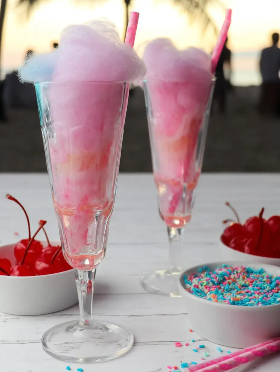 Zwei Gläser mit rosa und lila Zuckerwatte.