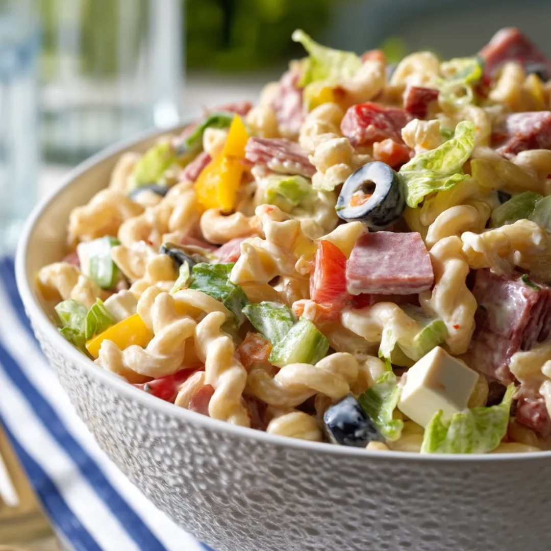 Eine Schüssel bunter Nudelsalat mit Gemüse.