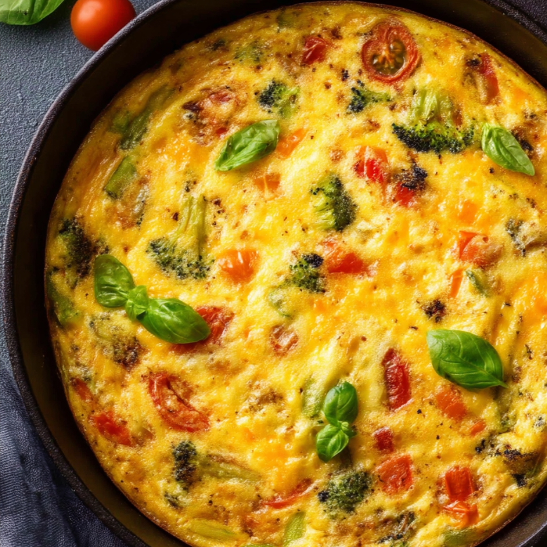 Eine Nahaufnahme einer Gemüse-Omelette mit Brokkoli und Tomaten.