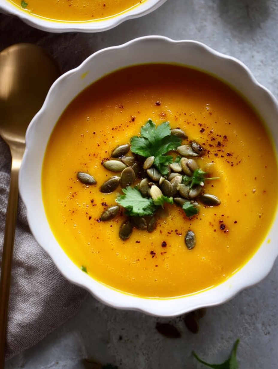 Eine Schüssel Suppe mit einem Löffel darin.