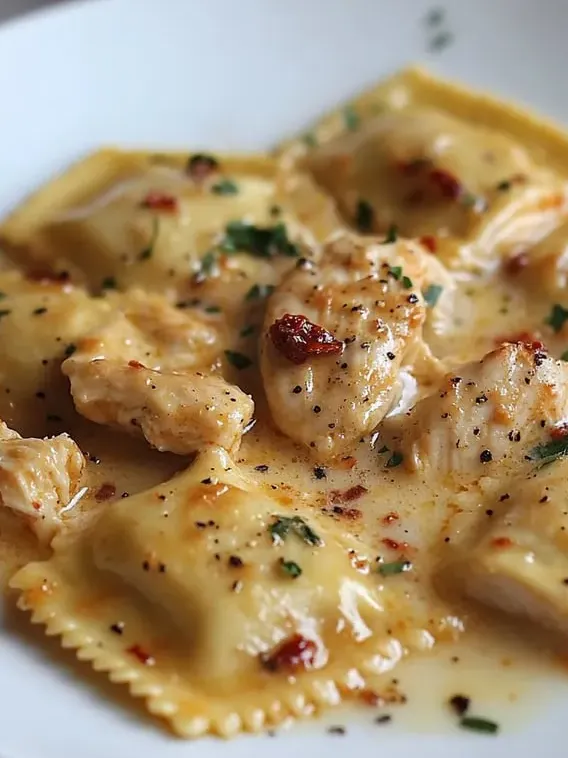 Ein Teller Pasta mit Hähnchen und Soße.