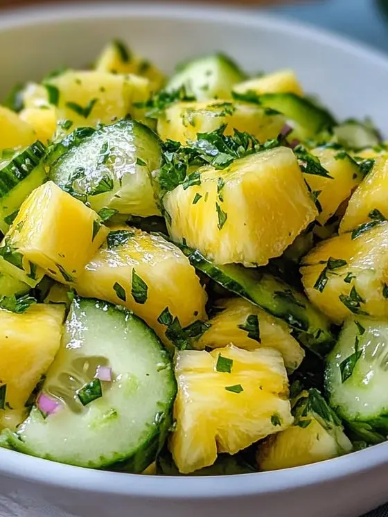 In einer Schale mischt sich Gurke mit Ananas – ready zum Servieren.
