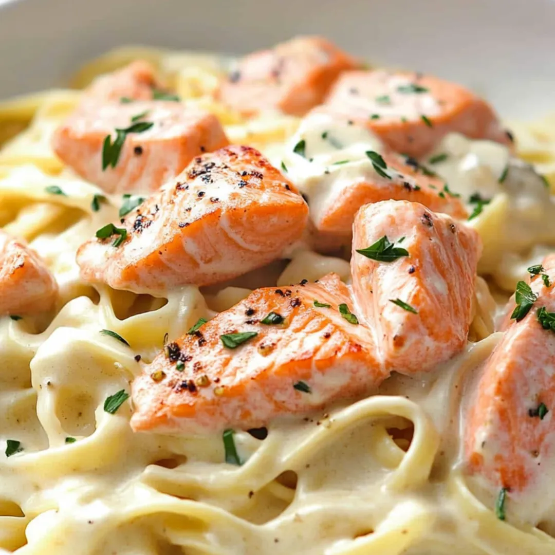 Ein Teller Pasta mit Lachs und Kräutern.