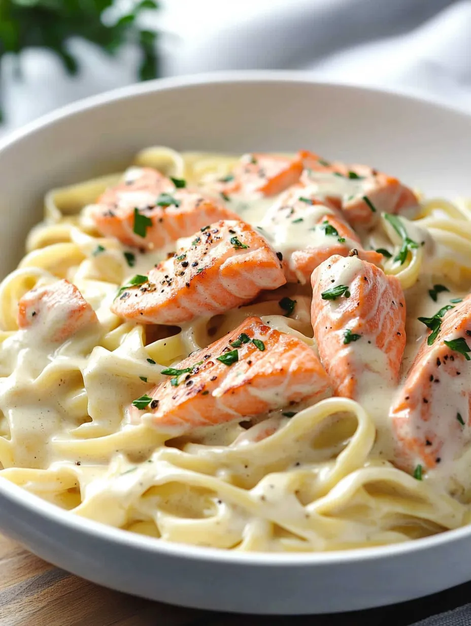 Eine Schale Nudeln mit Lachs und Käse.