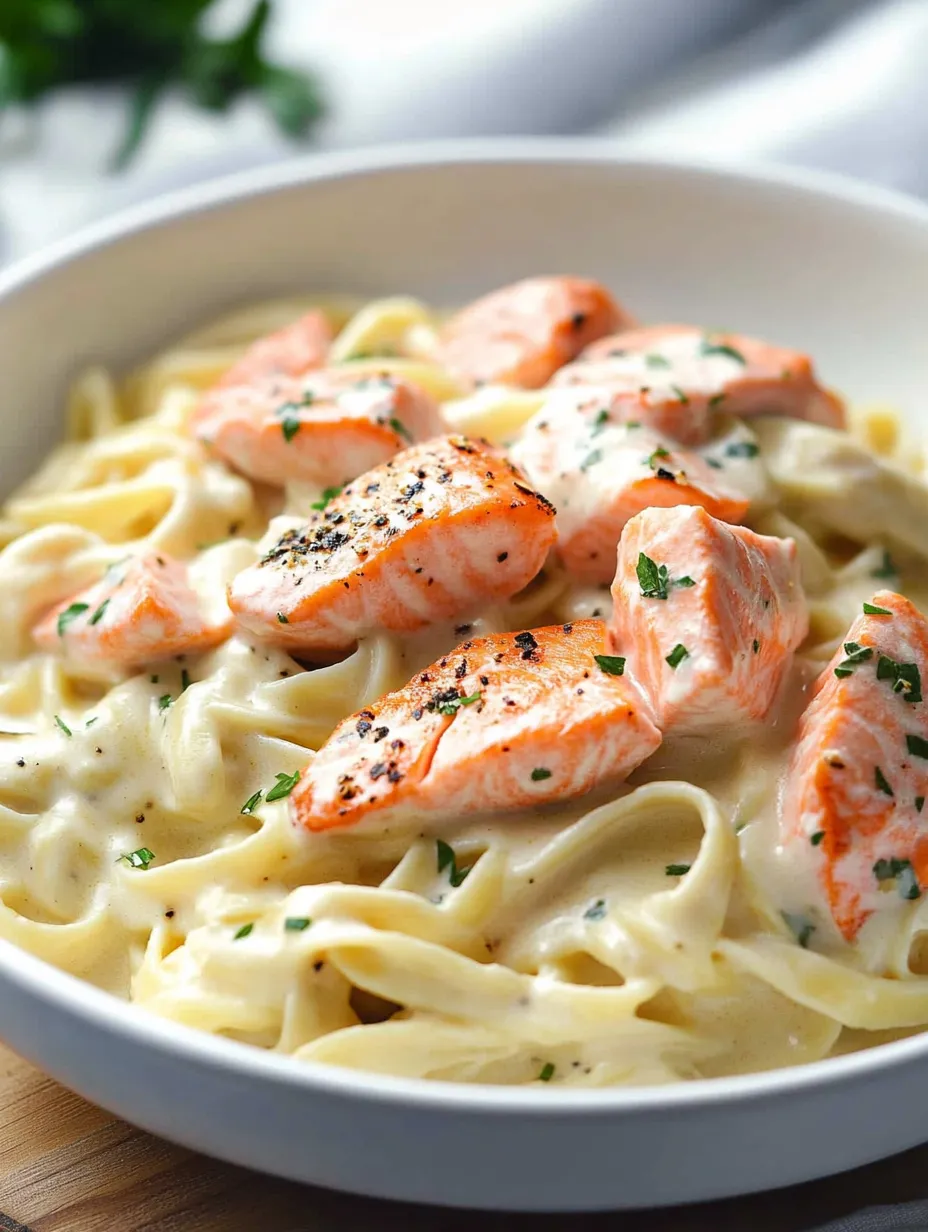 Nudelschale mit Lachs oben drauf.