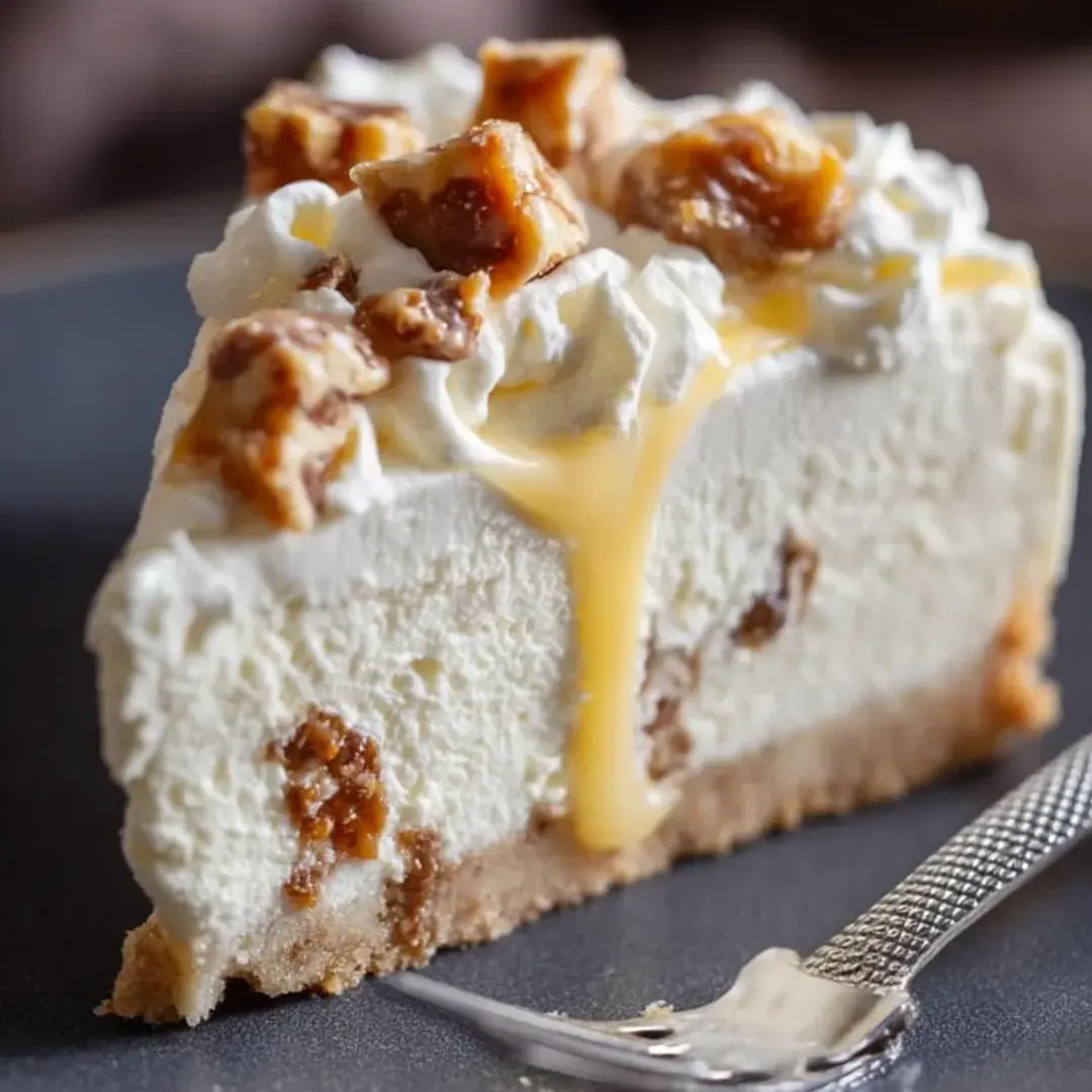 Ein Stück kalter Kuchen mit Karamellsoße.