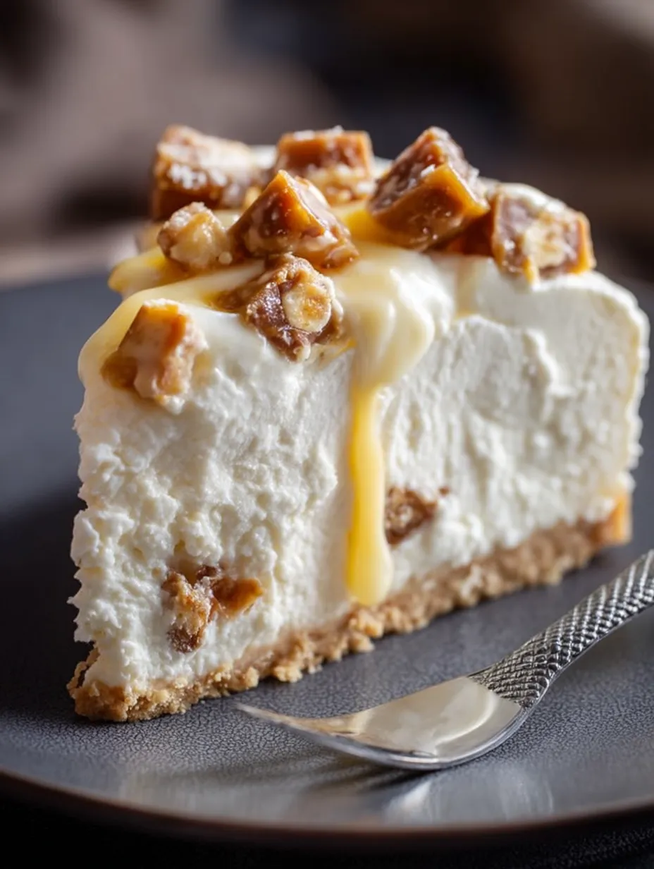 Ein Stück Käsekuchen mit Karamell drauf.