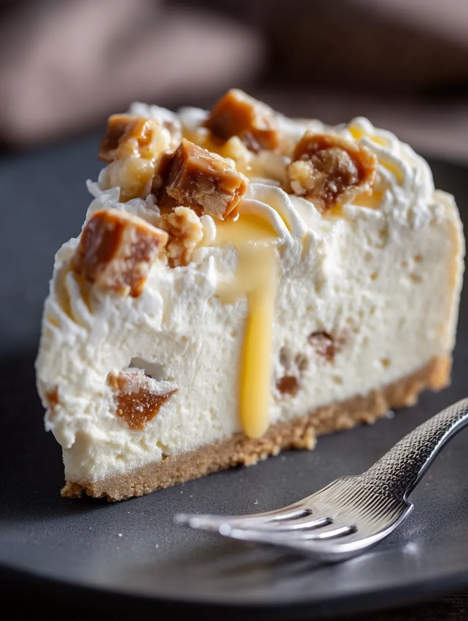 Ein Stück Käsekuchen mit Karamell drauf.