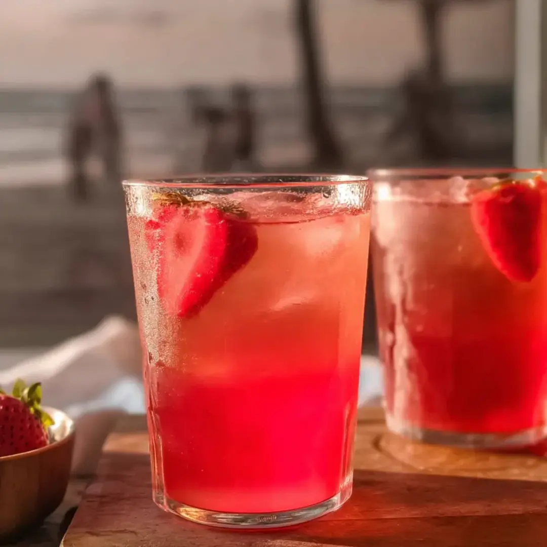 Zwei Gläser mit rosa Getränk und Erdbeeren.