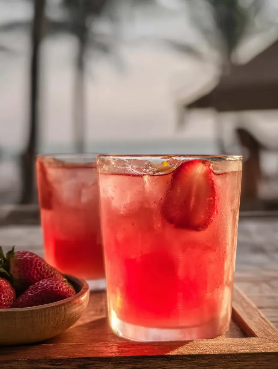 Zwei Gläser pinkes Getränk mit Erdbeeren.