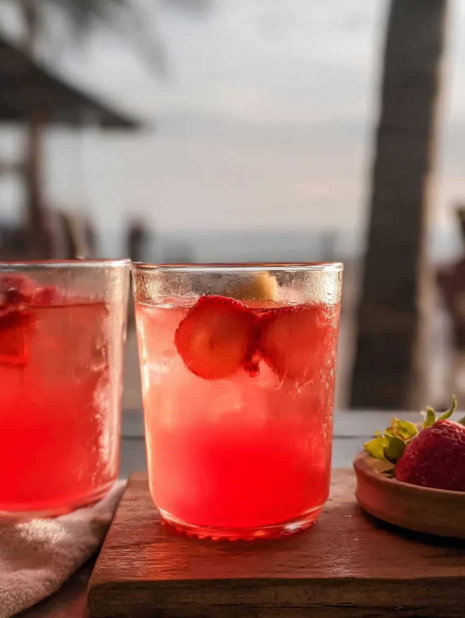 Zwei Gläser pinke Drinks mit Erdbeeren drin.