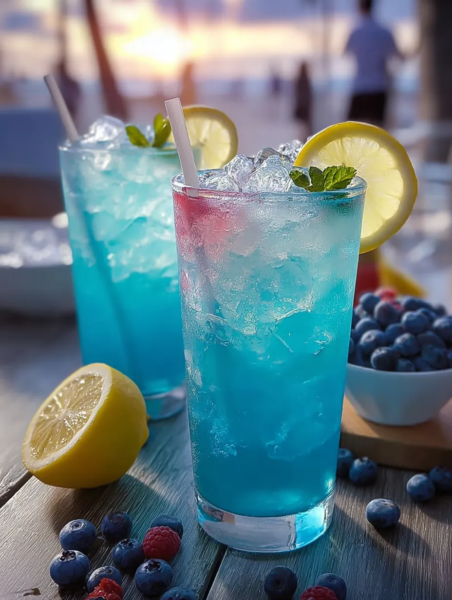 Zwei blaue Getränke mit Zitronenscheiben drin.