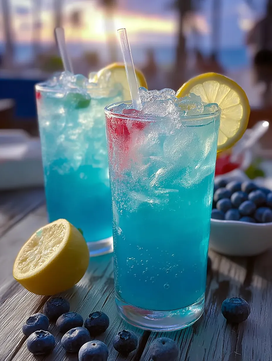 Zwei blaue Getränke mit Zitronenscheiben.
