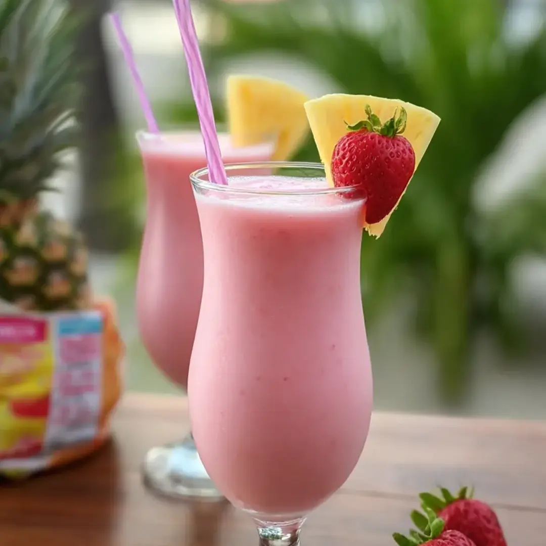 Zwei rosa Drinks mit Erdbeeren obendrauf.