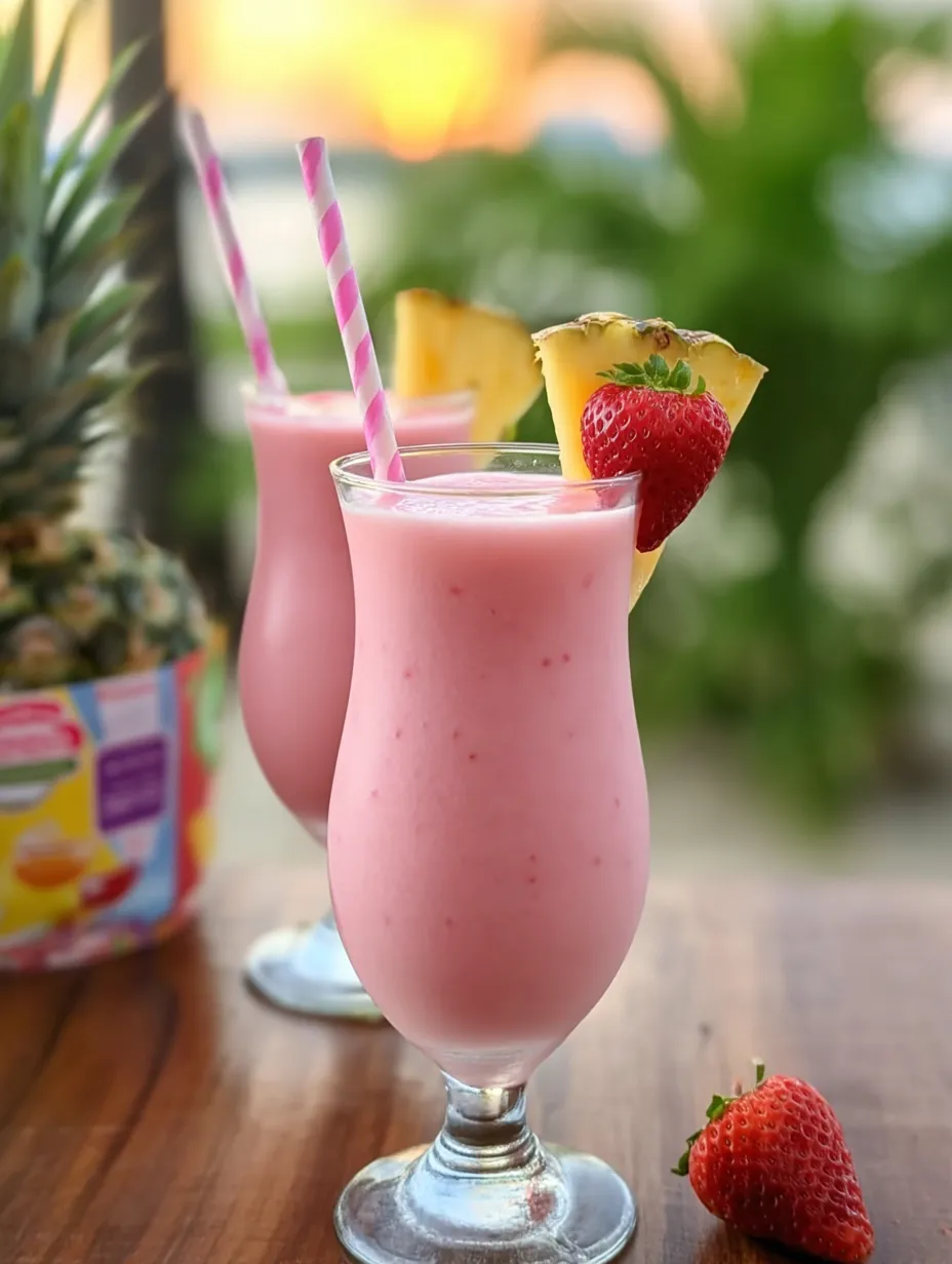 Zwei rosa Drinks mit Ananas und Erdbeeren.