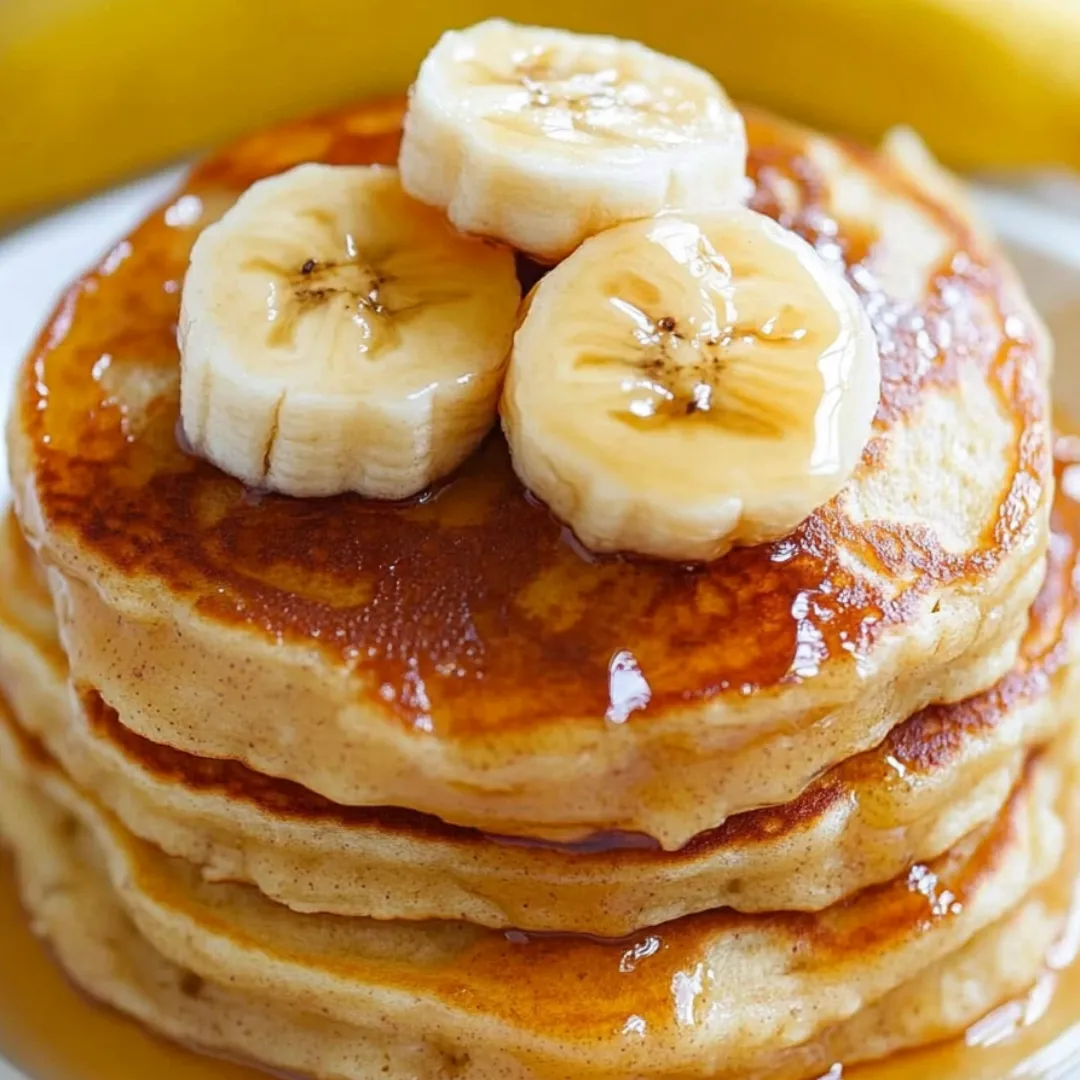 Pfannkuchenstapel mit Bananen belegt.