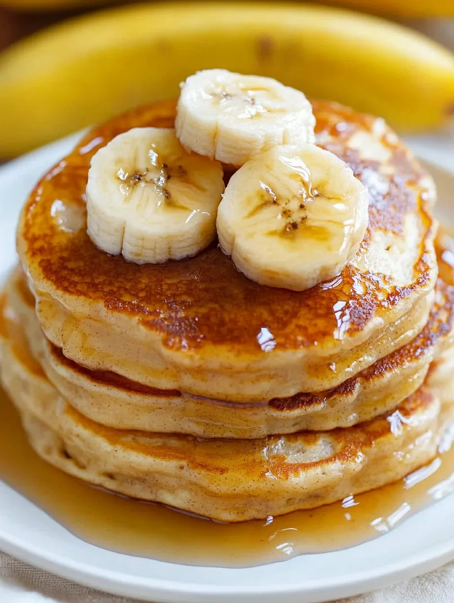 Geschnittene Bananen auf fluffigen Pancakes gestapelt.