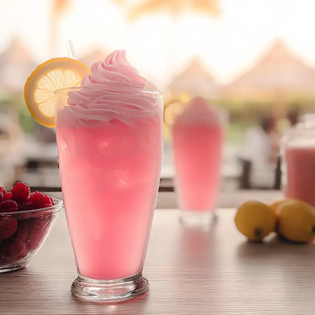 Ein Glas mit rosa Drink und Zitronenscheibe.