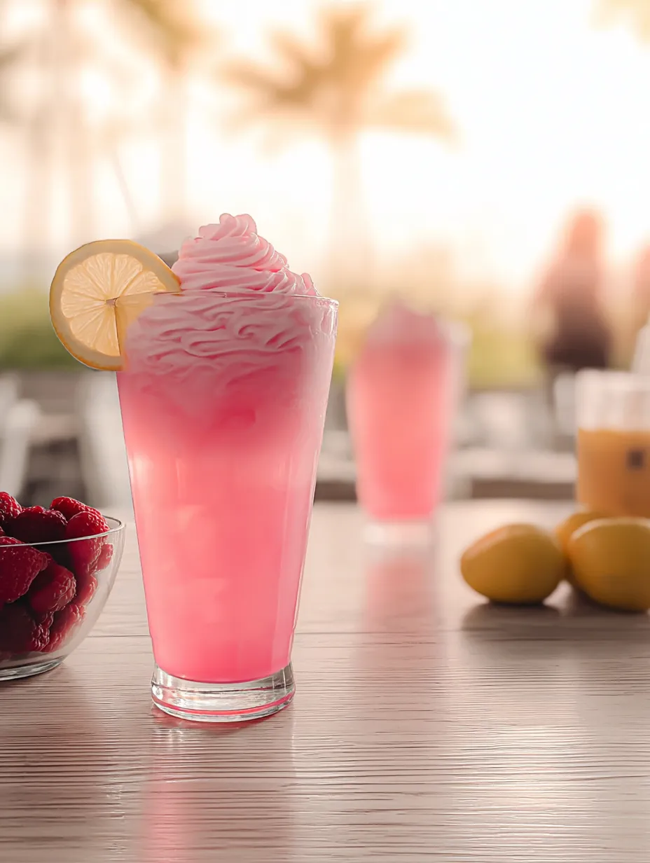 Ein Glas pinkes Getränk mit Zitronenschnitz.