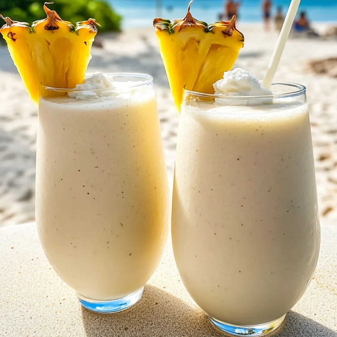 Zwei Gläser mit Ananas-Smoothies auf einem Tisch.