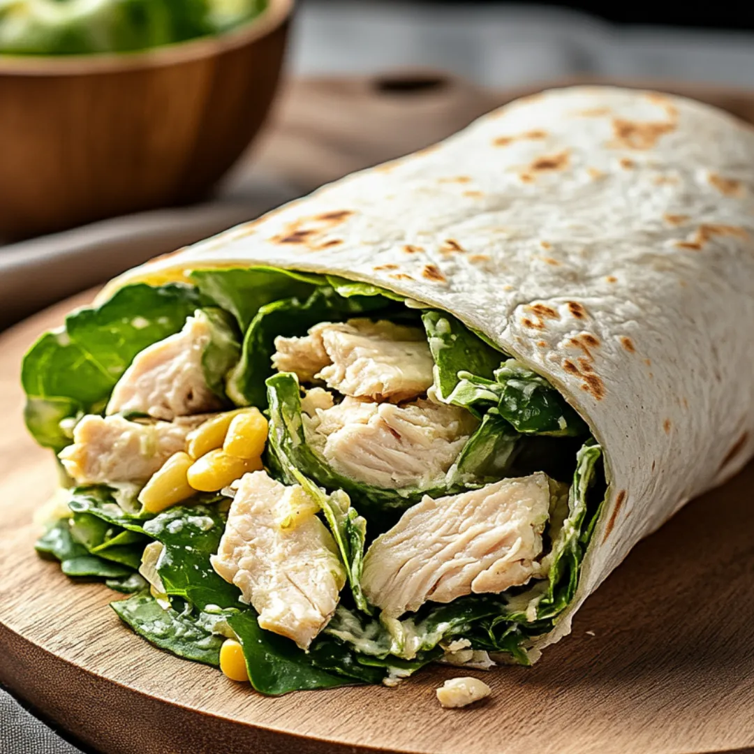 Ein Hähnchen-Wrap auf einem Holzbrett.