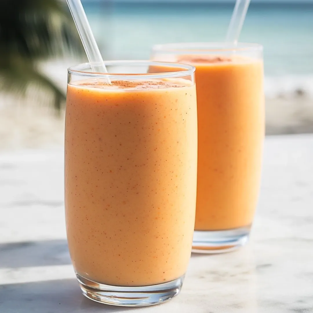 Zwei Gläser mit orangenem Smoothie auf dem Tisch.