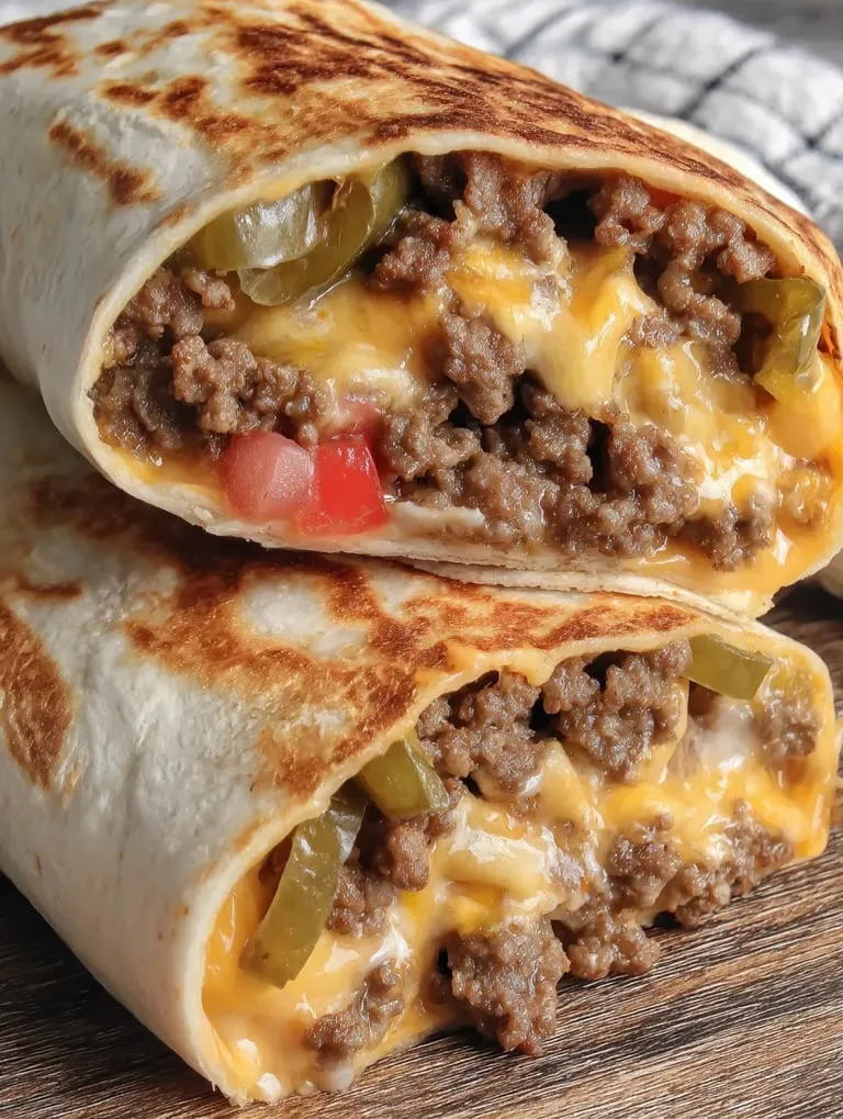 Ein Burrito voller Käse und Rindfleisch.