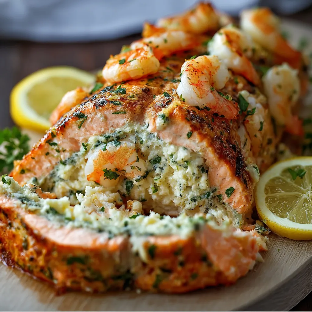 Ein Stück Fisch mit Garnelen obendrauf.