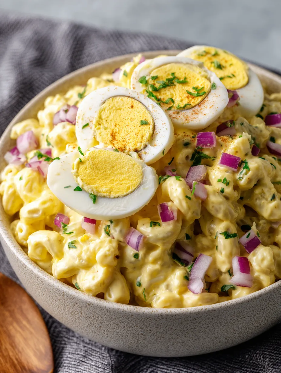 Eine Schüssel mit cremigen Makkaroni, obendrauf geschnittene Eier.
