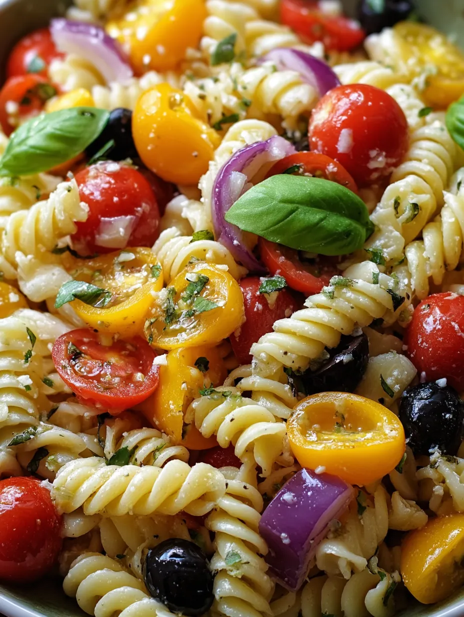 Schüssel mit Nudeln, Tomaten, Zwiebeln und Basilikum.