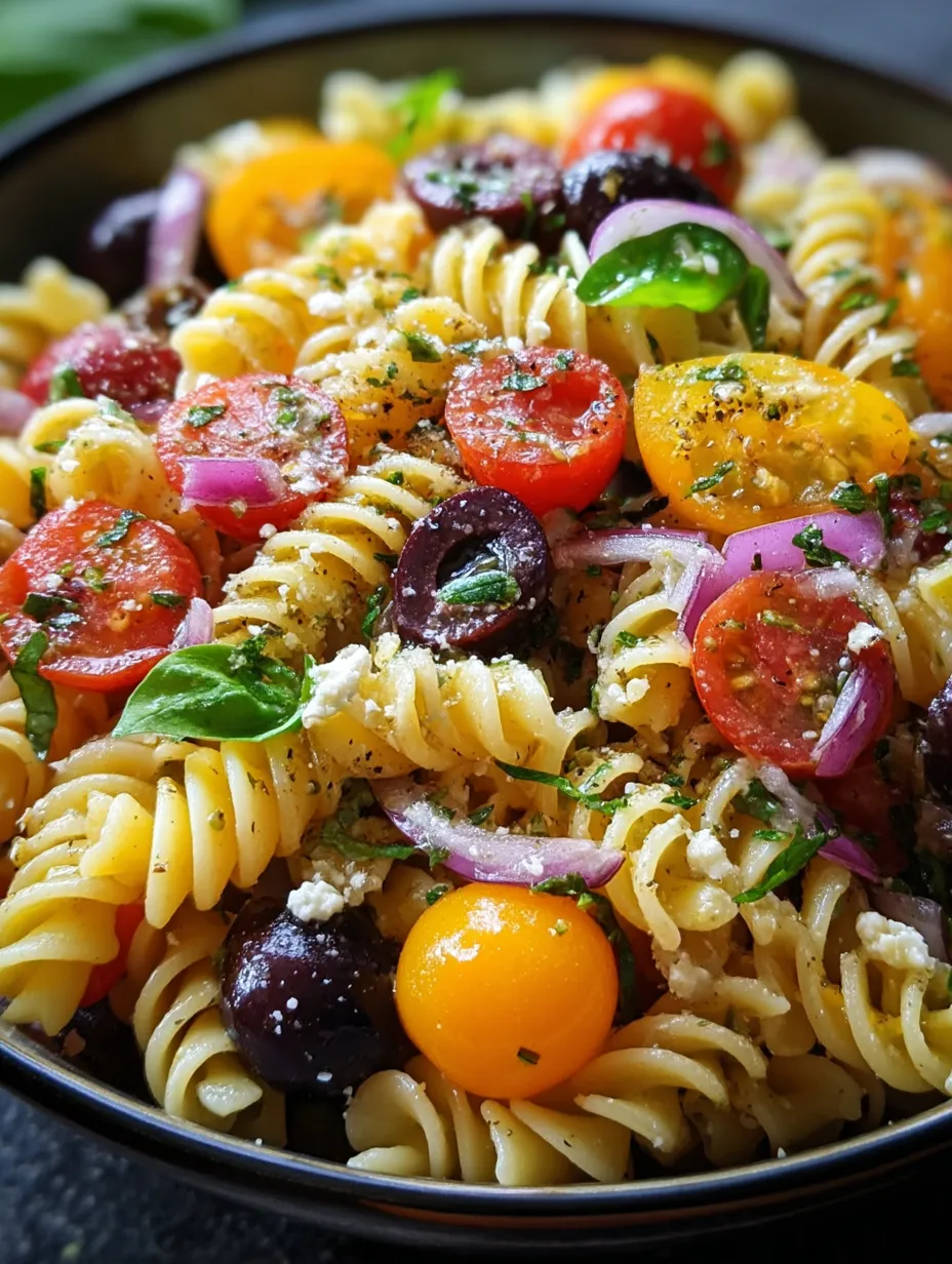 Schüssel mit Nudeln, Tomaten, Zwiebeln, Oliven und Käse.