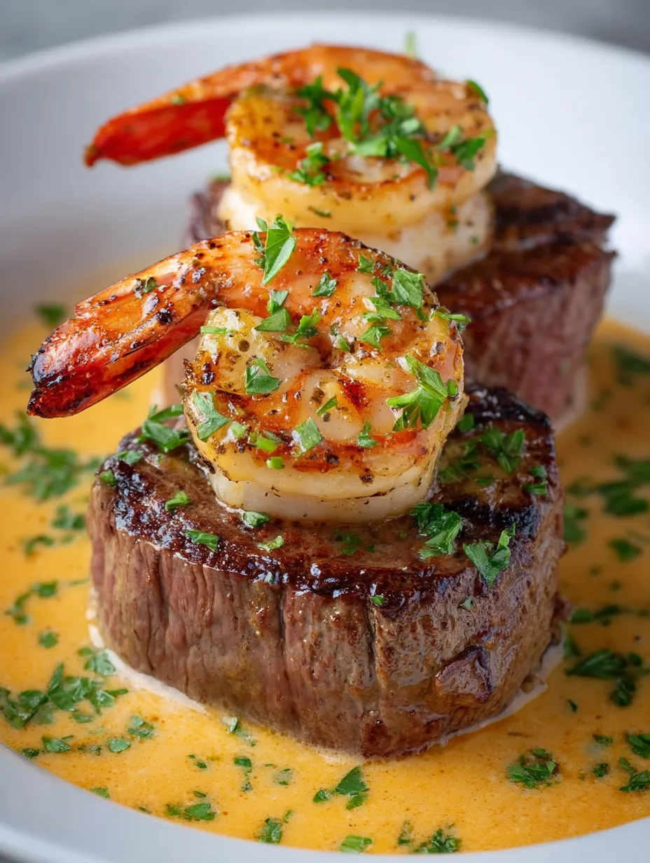 Steak mit Garnelen belegt.