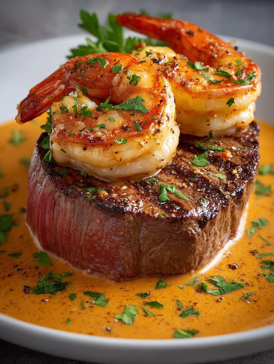 Garnelen und Steak auf einem Teller.