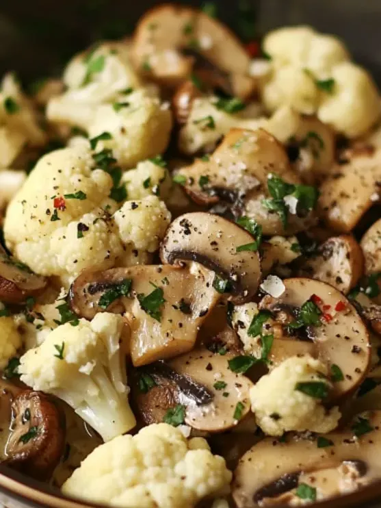Nahaufnahme von gebratenem Blumenkohl und Pilzen.