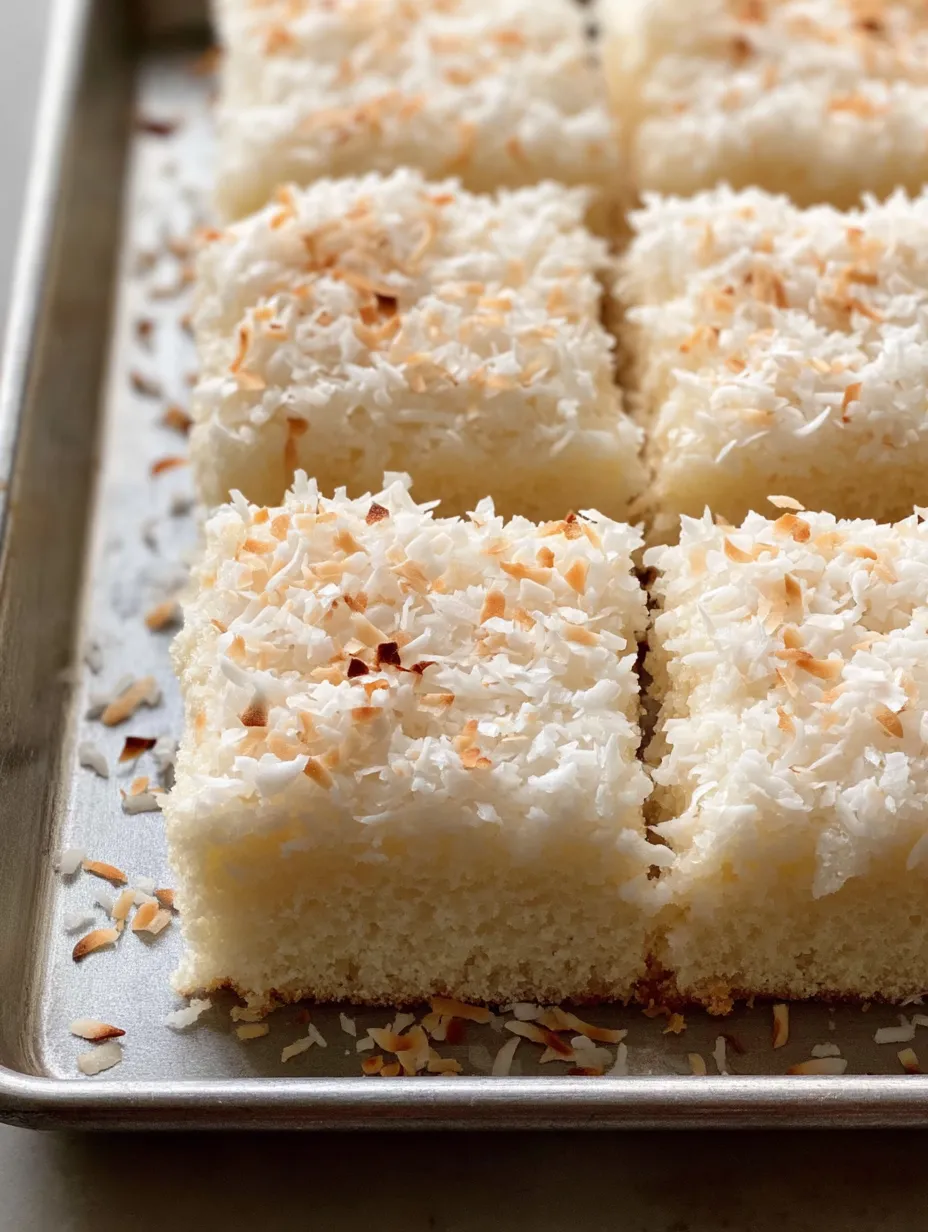 Ein Blechkuchen mit Kokosflocken oben drauf.