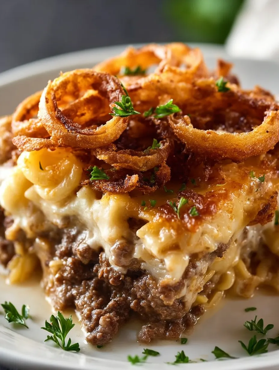 Ein Teller mit Zwiebelringen und Fleisch.