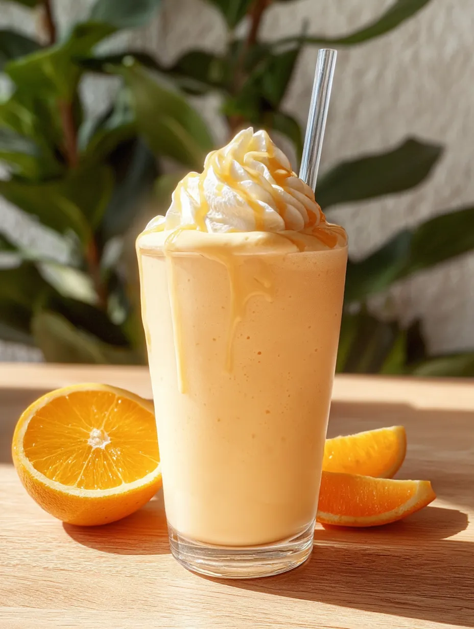 Ein Glas Orangensaft mit Orangenscheibe an der Seite.