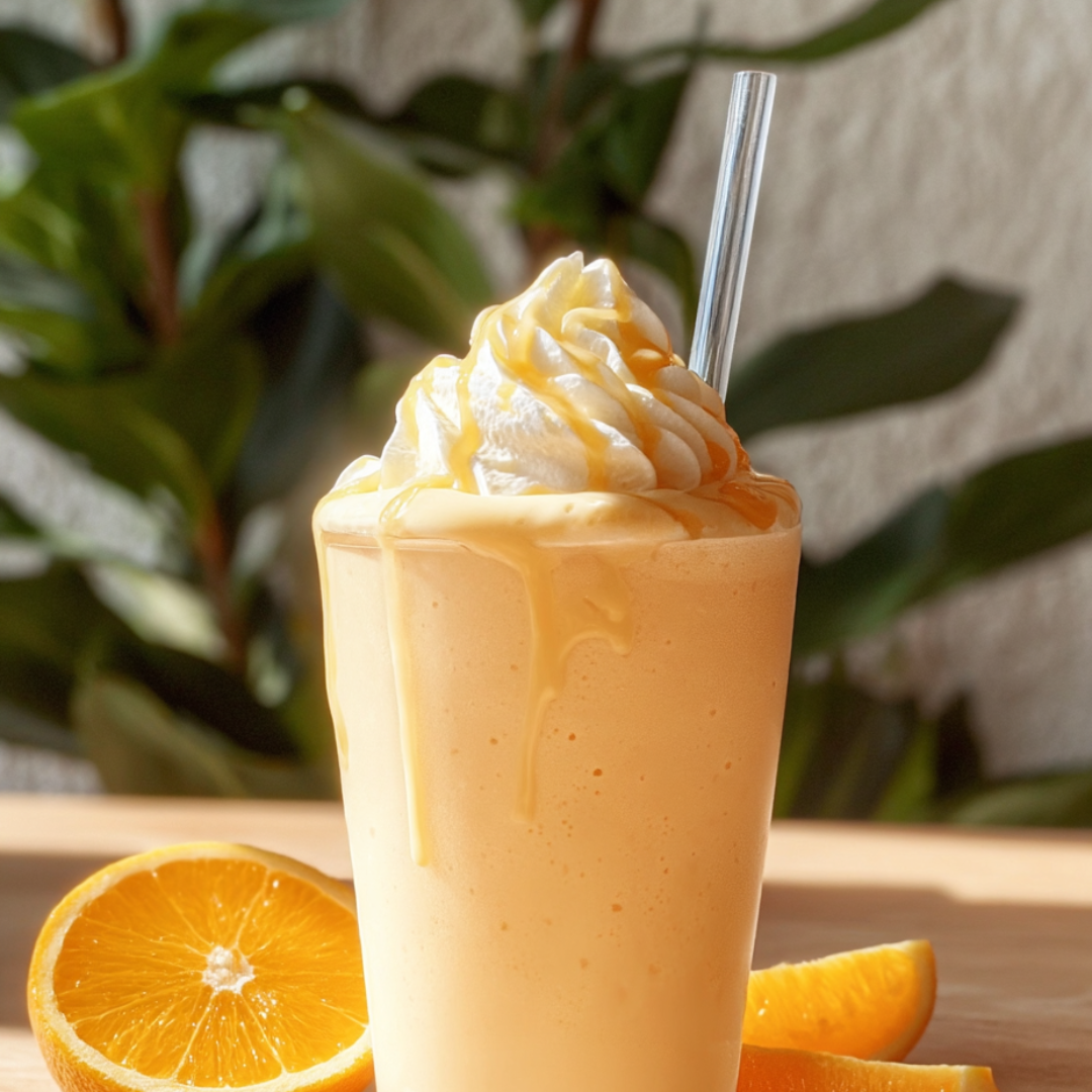 Ein Glas Orangensaft mit einer Orangenscheibe am Rand.