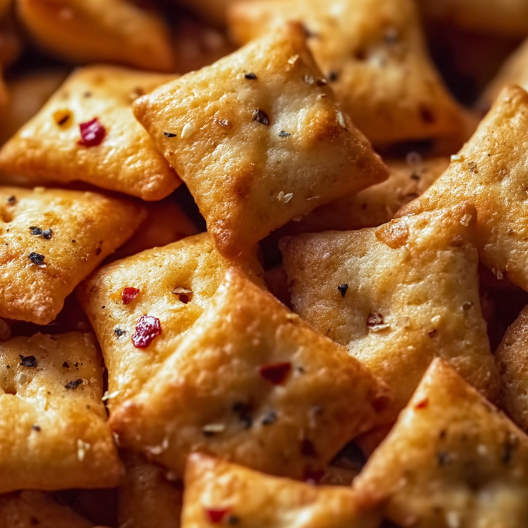 Ein Haufen knuspriger Cracker mit Käse und Peperoni.