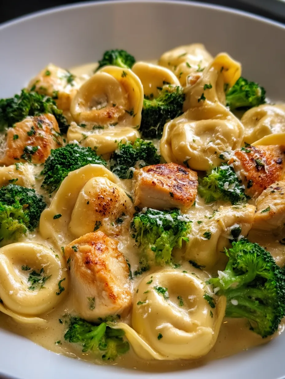 Ein Teller Pasta mit Brokkoli und Hähnchen.