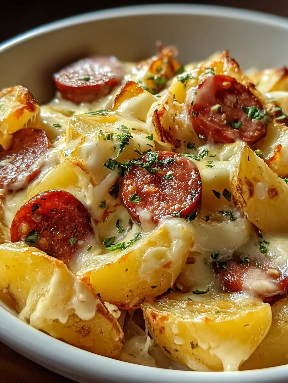 Eine Schüssel voll mit Kartoffeln, Wurst und Käse.