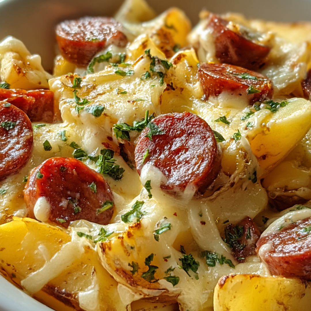 Schüssel mit Kartoffeln und Rauchwurst.