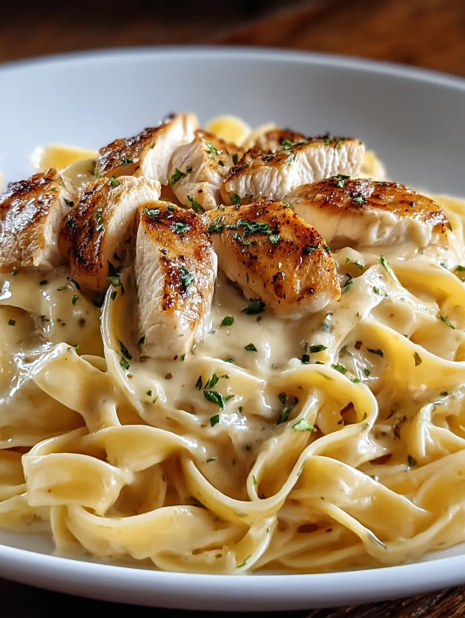 Ein Teller Pasta mit Hähnchen obendrauf.