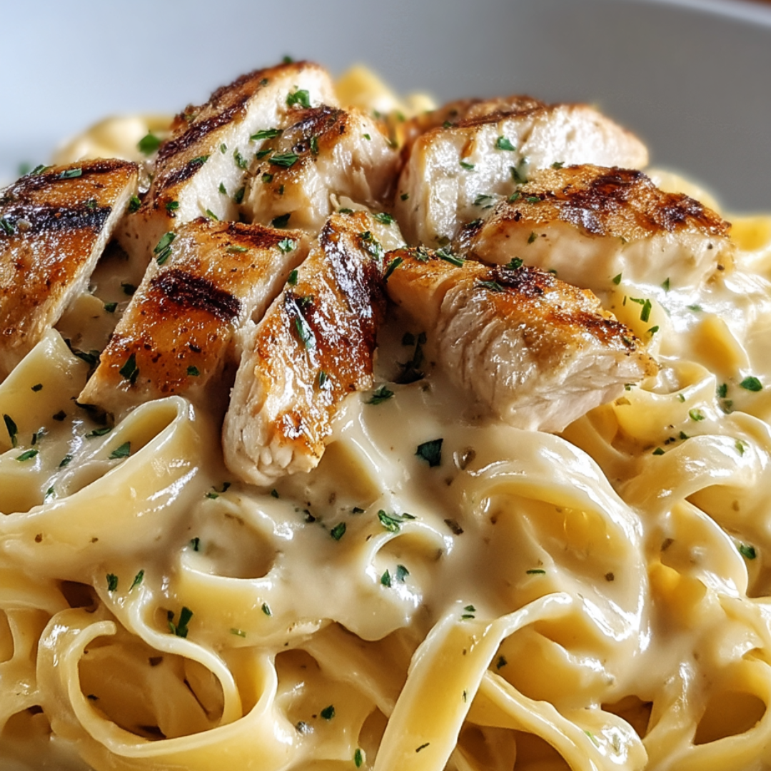 Ein Teller Pasta mit Hähnchen obendrauf.