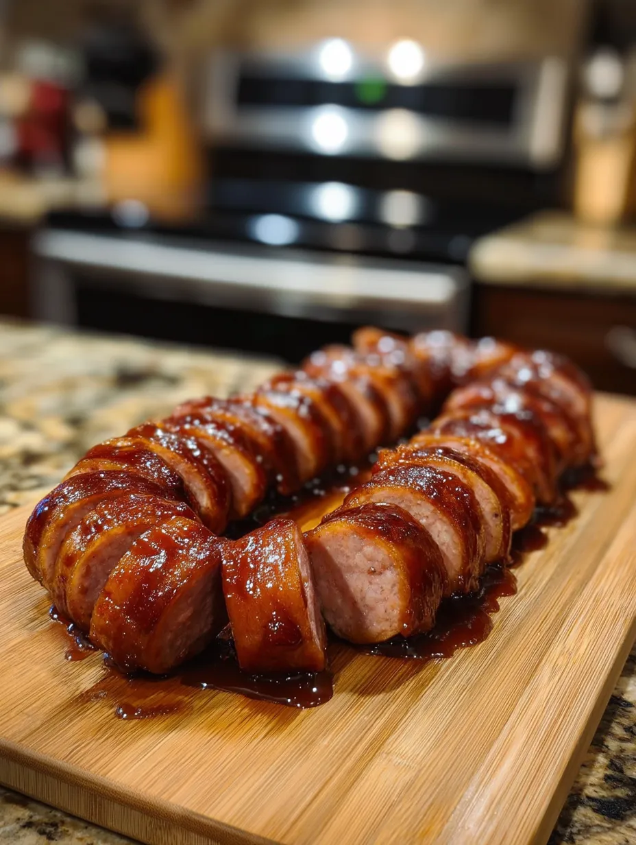 Eine dicke Wurst auf einem Holzbrett.