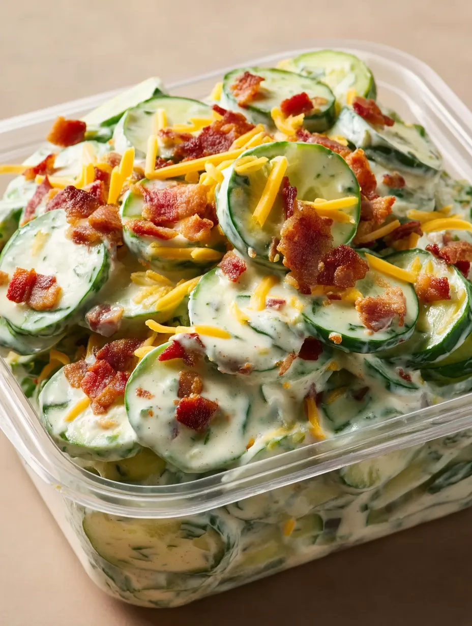 Eine Dose mit Gurken-Bacon-Käse-Salat.