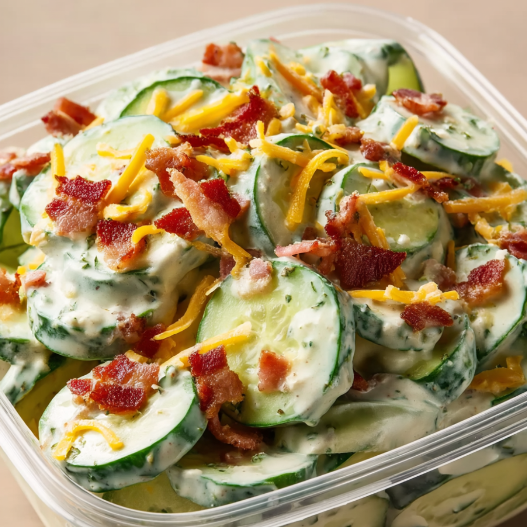 Eine Schale mit Gurken, Bacon und Käse gefüllt.