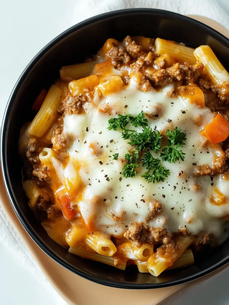 Eine Schüssel Pasta mit Fleisch und Käse.