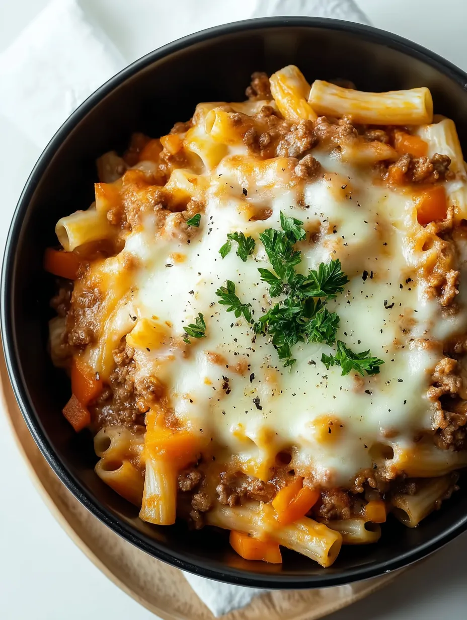 Eine Schüssel Pasta mit Fleisch und Käse.
